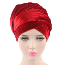 Boutique couleur unie hiver velours turban musulman longue queue cap mode plaine femmes chapeau